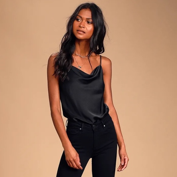 Lulus Tops - NWT- Emmerson Black Satin Sleeveless Cowl Neck Bodysuit